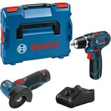 Bosch 12V Profi Set GSR 12V-15, GWS 12V-76 Combo Kit, Werkzeug-Set blau, 2x Li-Ionen Akku 2,0Ah, L-BOXX
