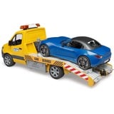 bruder 02675 MB Sprinter Autotransporter mit Light & Sound Modul , Modellfahrzeug orange/blau, Inkl. Roadster
