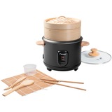 Bestron Reiskocher ARC100BBS schwarz/holz, 400 Watt, mit Bambus Dampfkorb, 5-teiligem Sushi-Maker-Set