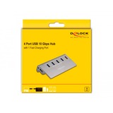 DeLOCK USB 10 Gbps Hub mit 4 USB Typ-A Ports + 1 Schnellladeport, USB-Hub grau, inkl. Netzteil