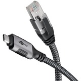 goobay Ethernet-Kabel USB-C 3.2 Gen2 Stecker > RJ-45 Stecker, LAN-Adapter schwarz/silber, 1 Meter, geflochtener Textilmantel