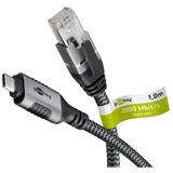 goobay Ethernet-Kabel USB-C 3.2 Gen2 Stecker > RJ-45 Stecker, LAN-Adapter schwarz/silber, 1 Meter, geflochtener Textilmantel