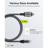 goobay Ethernet-Kabel USB-C 3.2 Gen2 Stecker > RJ-45 Stecker, LAN-Adapter schwarz/silber, 1 Meter, geflochtener Textilmantel
