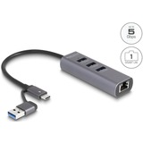 DeLOCK 3 Port USB 5 Gbps Hub + Gigabit LAN mit USB Type-C, Dockingstation grau
