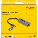 DeLOCK 3 Port USB 5 Gbps Hub + Gigabit LAN mit USB Type-C, Dockingstation grau
