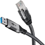 goobay Ethernet-Kabel USB-A 3.2 Gen1 Stecker > RJ-45 Stecker, LAN-Adapter schwarz/silber, 1 Meter, geflochtener Textilmantel
