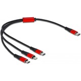 DeLOCK USB Ladekabel, USB-C Stecker > Micro-USB + USB-C + Lightning Stecker schwarz/rot, 30cm, gesleevt, nur Ladefunktion