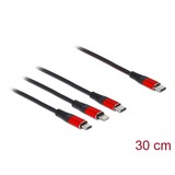 DeLOCK USB Ladekabel, USB-C Stecker > Micro-USB + USB-C + Lightning Stecker schwarz/rot, 30cm, gesleevt, nur Ladefunktion