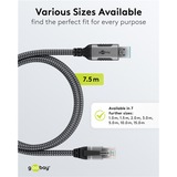 goobay Ethernet-Kabel USB-A 3.2 Gen1 Stecker > RJ-45 Stecker, LAN-Adapter schwarz/silber, 7,5 Meter, geflochtener Textilmantel