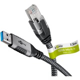 goobay Ethernet-Kabel USB-A 3.2 Gen1 Stecker > RJ-45 Stecker, LAN-Adapter schwarz/silber, 7,5 Meter, geflochtener Textilmantel