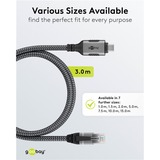 goobay Ethernet-Kabel USB-C 3.2 Gen2 Stecker > RJ-45 Stecker, LAN-Adapter schwarz/silber, 3 Meter, geflochtener Textilmantel