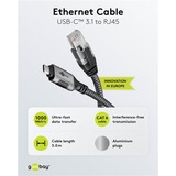 goobay Ethernet-Kabel USB-C 3.2 Gen2 Stecker > RJ-45 Stecker, LAN-Adapter schwarz/silber, 3 Meter, geflochtener Textilmantel