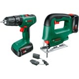 Bosch Akku-Schlagbohrschrauber EasyImpact 18V-40 & Akku-Stichsäge EasySaw 18V-70, Werkzeug-Set grün/schwarz, 2x Li-Ionen Akku 2,0Ah, Koffer, POWER FOR ALL ALLIANCE