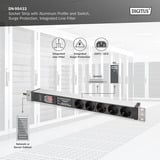 Digitus 19" Steckdosenleiste mit Aluminiumprofil, 5-fach, 1HE schwarz/aluminium, 2 Meter Kabel, Schalter, Überspannungsschutz, Netzfilter, Stecker Typ-C