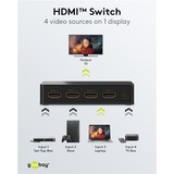 goobay HDMI-Umschaltbox 4 auf 1 (4K @ 60Hz), HDMI Switch schwarz, mit Fernbedienung