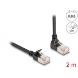 DeLOCK Patchkabel RJ-45 Cat.6a S/FTP, Slim 90° gewinkelt schwarz, 2 Meter, 1x gerader, 1x unten abgewinkelter Stecker