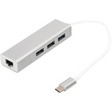 Digitus USB 3.2 Gen 1 Multiport-Hub, USB-C Stecker > 3x USB-A Buchse + RJ-45 Buchse, USB-Hub weiß/silber, 20cm, Gigabit LAN