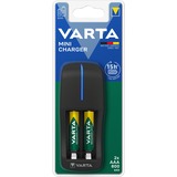 Varta Mini Charger, Ladegerät schwarz, inkl. 2x Micro, AAA, 800 mAh