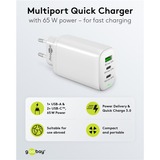goobay USB-C Multiport-Schnellladegerät, PD, GaN, 65 Watt weiß, 2x USB-C, 1x USB-A, Power Delivery, QuickCharge