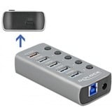 DeLOCK USB 3.2 Gen 1 Hub mit 4 Ports + 1 Schnellladeport + 1 USB-C PD 3.0 Port, USB-Hub grau, mit Schalter und Beleuchtung