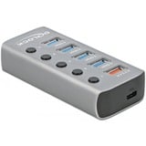 DeLOCK USB 3.2 Gen 1 Hub mit 4 Ports + 1 Schnellladeport + 1 USB-C PD 3.0 Port, USB-Hub grau, mit Schalter und Beleuchtung