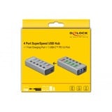 DeLOCK USB 3.2 Gen 1 Hub mit 4 Ports + 1 Schnellladeport + 1 USB-C PD 3.0 Port, USB-Hub grau, mit Schalter und Beleuchtung