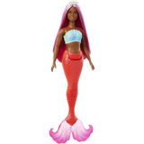 Mattel Barbie Meerjungfrau Puppe mit magentafarbenen Haaren rot, Schwanzflosse in tropischem Rot und Haarband