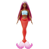 Mattel Barbie Meerjungfrau Puppe mit magentafarbenen Haaren rot, Schwanzflosse in tropischem Rot und Haarband
