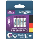 Ansmann Li-Ion Akku Mignon AA Typ 2.000 (min. 1.800 mAh), 4er-Pack weiß/violett, 4x AA (Mignon), USB-C Ladeport