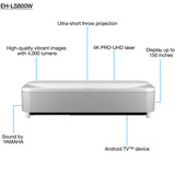 Epson EH-LS800W Ultrakurzdistanz, Laser-Beamer weiß, 4K PRO-UHD, Android TV, 4000 Lumen
