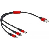 DeLOCK USB Ladekabel, USB-A Stecker > 2x USB-C + Lightning Stecker schwarz/rot, 30cm, gesleevt, nur Ladefunktion