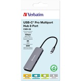 Verbatim USB-C Pro Multiport-Hub CMH-08, 8 Port, Dockingstation grau, 2x HDMI, 3x USB-A, USB-C PD, SD, microSD