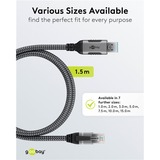 goobay Ethernet-Kabel USB-A 3.2 Gen1 Stecker > RJ-45 Stecker schwarz/silber, 1,5 Meter, geflochtener Textilmantel