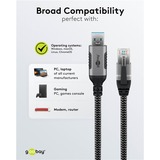 goobay Ethernet-Kabel USB-A 3.2 Gen1 Stecker > RJ-45 Stecker schwarz/silber, 1,5 Meter, geflochtener Textilmantel