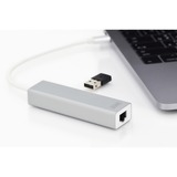 Digitus USB 3.2 Gen 1 Multiport-Hub, USB-C Stecker > 3x USB-A Buchse + RJ-45 Buchse, USB-Hub weiß/silber, 20cm, Gigabit LAN