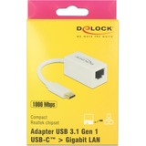 DeLOCK USB 3.2 Gen 1 Adapter, USB-C Stecker > RJ-45 Buchse weiß, 13,5 cm, Gigabit LAN 10/100/1.000 Mbit/s