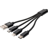 Digitus 3-in-1 Ladekabel, USB-A 2.0 > Lightning + USB-C + Micro-USB schwarz, 0,15 Meter, Laden mit bis zu 10 Watt