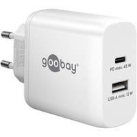 goobay USB-C PD Dual-Schnellladegerät 45 Watt weiß, 1x USB-A, 1x USB-C PD, GaN-Technologie