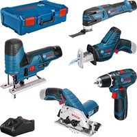 Bosch 5-teiliges 12Volt-Werkzeug-Set, GSR + GOP + GKS + GSA + GST blau, 3x Li-Ionen Akku 3,0Ah, XL-BOXX