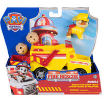 Spin Master Paw Patrol Fire Rescue - Rubbles Rettungs-Truck, Spielfahrzeug mit Schaufel und Geschossen sowie Rubble Hundefigur