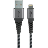 goobay USB 2.0 Adapterkabel, USB-A Stecker > Lightning Stecker grau/silber, 50cm, gesleevt, Metallstecker