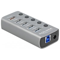 DeLOCK USB 3.2 Gen 1 Hub mit 4 Ports + 1 Schnellladeport + 1 USB-C PD 3.0 Port, USB-Hub grau, mit Schalter und Beleuchtung