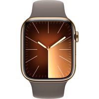 Apple Watch Series 9, Smartwatch gold/braun, Edelstahl, 45 mm, Sportarmband, Cellular