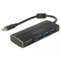 DeLOCK USB 3.2 Gen 1 Multiport-Hub, USB-C Stecker > 3x USB-A + VGA Buchse, USB-Hub schwarz, 15cm