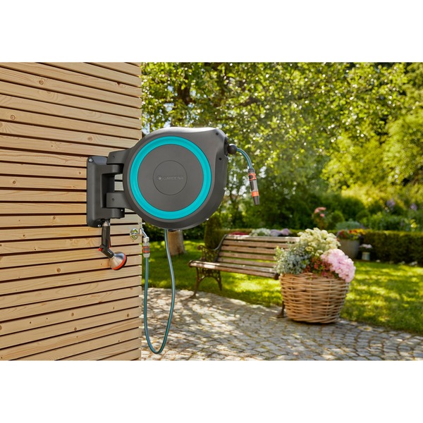 GARDENA WandSchlauchbox RollUp XL, 35 Meter, Schlauchtrommel grau/türkis