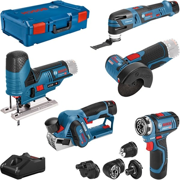 Bosch Professional 5-teiliges 12Volt-Werkzeug-Set, GSR + GOP + GHO + + GST blau, 3x Li-Ionen Akku,