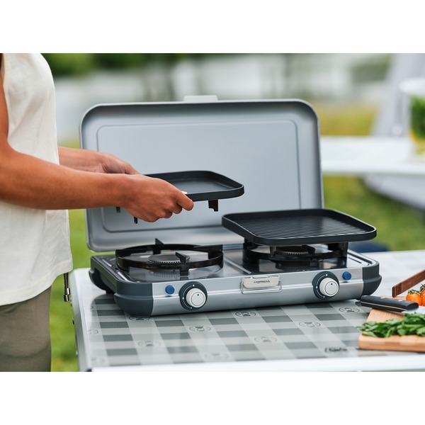 Réchaud Camping 2 En 1 Gaz & Barbecue Portable - 2.1 KW, Butane, Acier Inox, Plaque Anti-adhésive 43x30 Cm