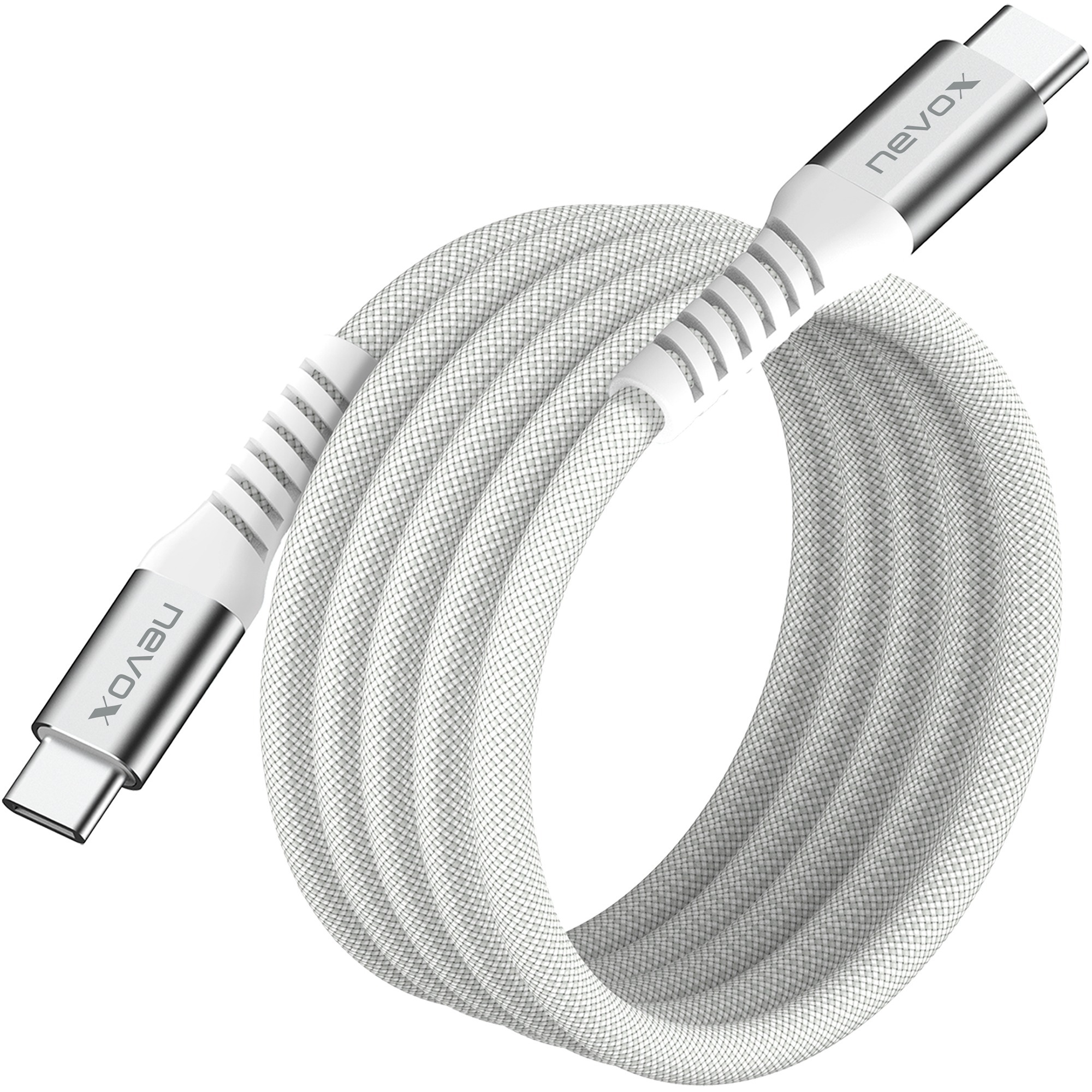 Nevox USB 2.0 Kabel, USB-C Stecker > USB-C Stecker 48V / 5A weiß, 1 Meter, PD 3.1, Laden mit bis zu 240 Watt, magnetisch aufrollbar