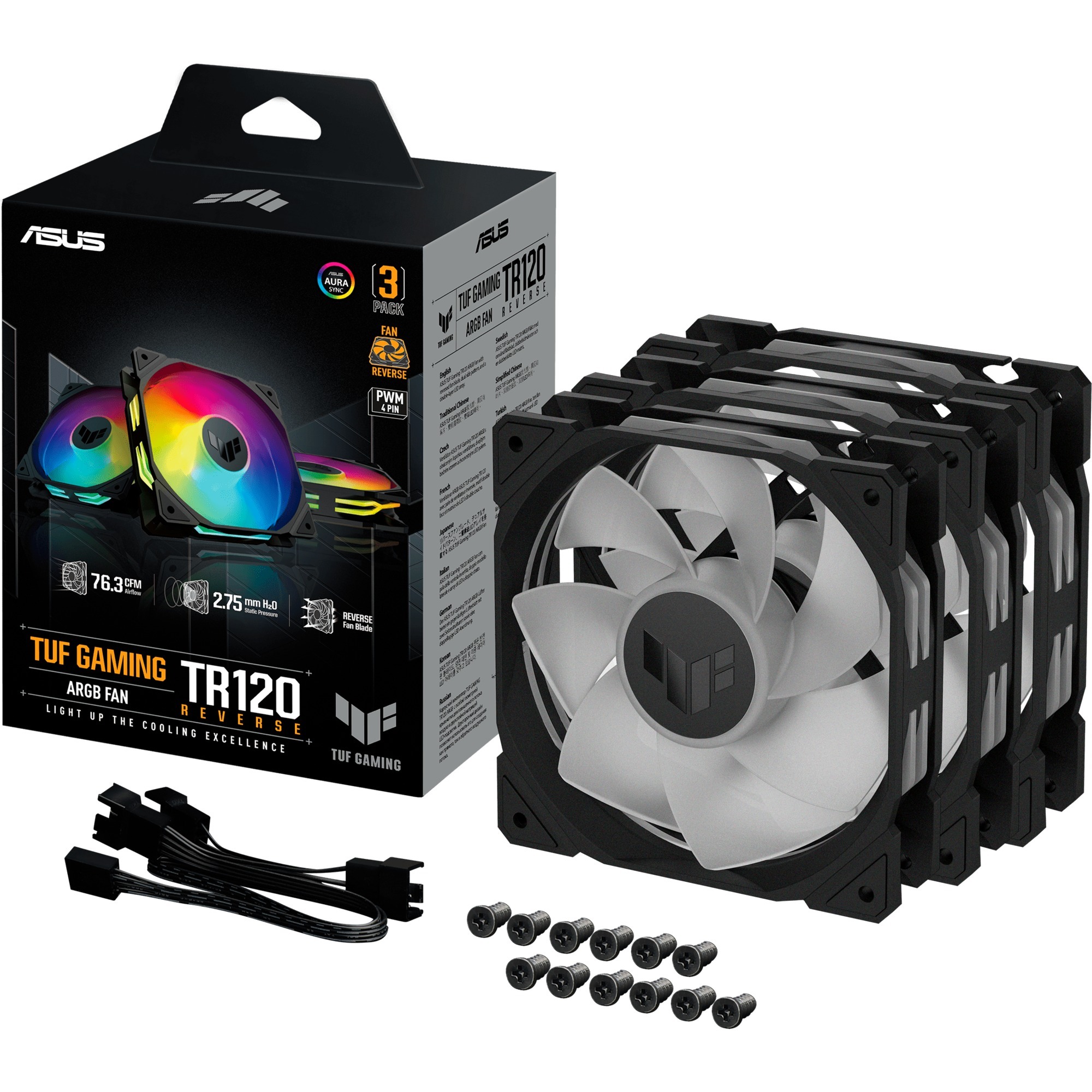 ASUS TUF GAMING TR120 ARGB, Gehäuselüfter schwarz/transparent, Reverse Blade, 3er Pack, 120 mm