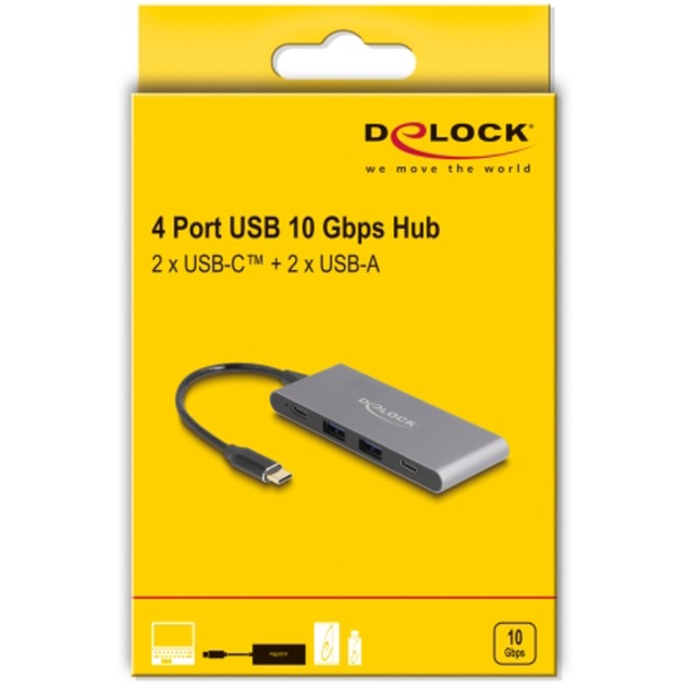 DeLOCK 4 Port USB Type-C™ Hub mit 2 x USB Typ-A und 2 x USB Type-C™ 10 Gbps, USB-Hub grau